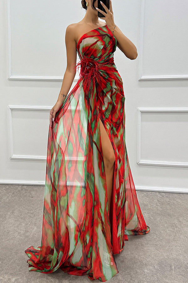 Claudia – Off-Shoulder Maxi Dress with Watercolor Print, Feather Roses & Slit