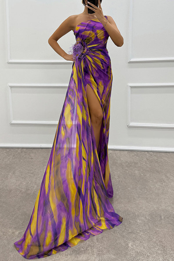 Claudia – Off-Shoulder Maxi Dress with Watercolor Print, Feather Roses & Slit